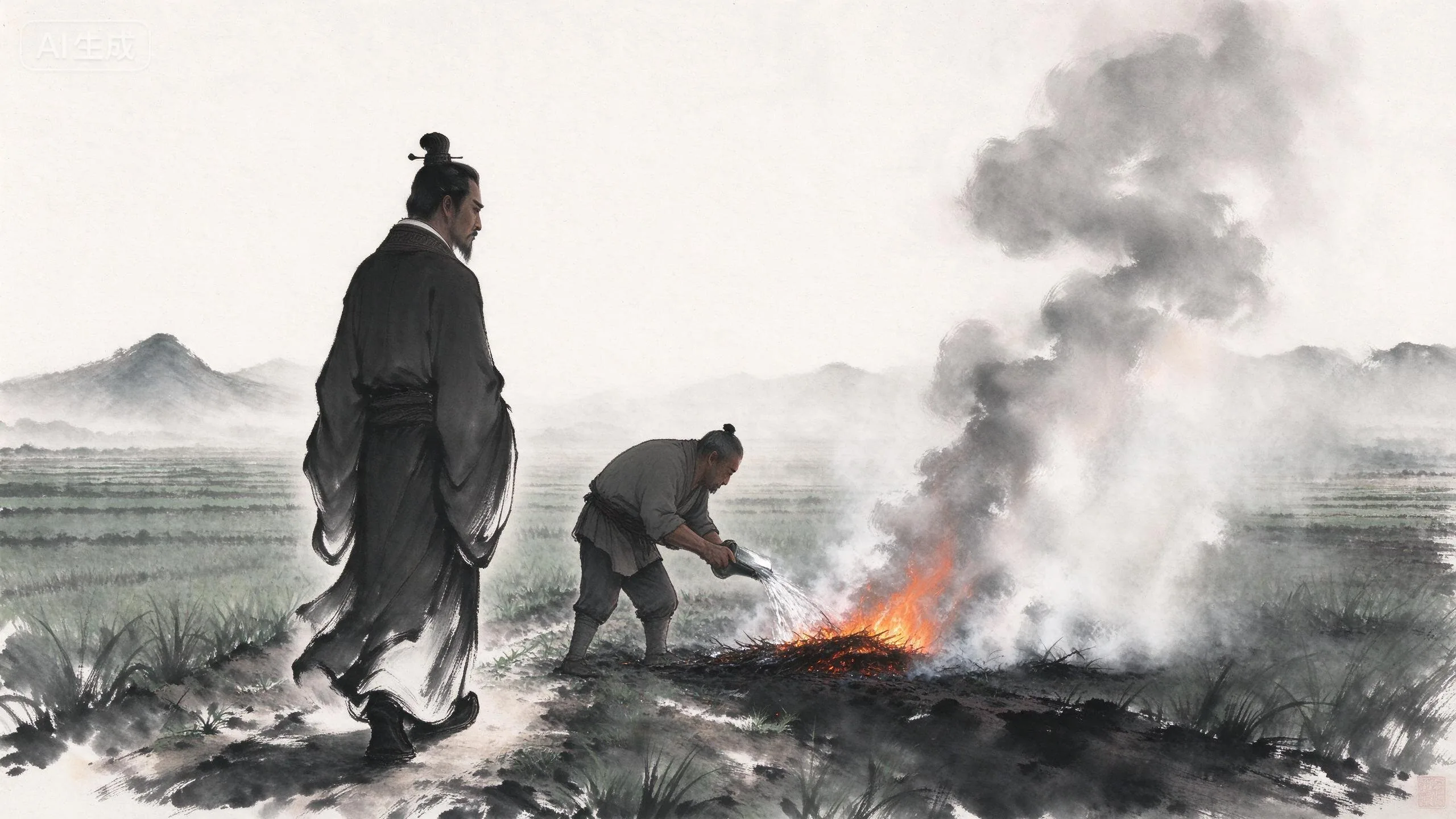 李冰在田间考察,农人烧荒耕作