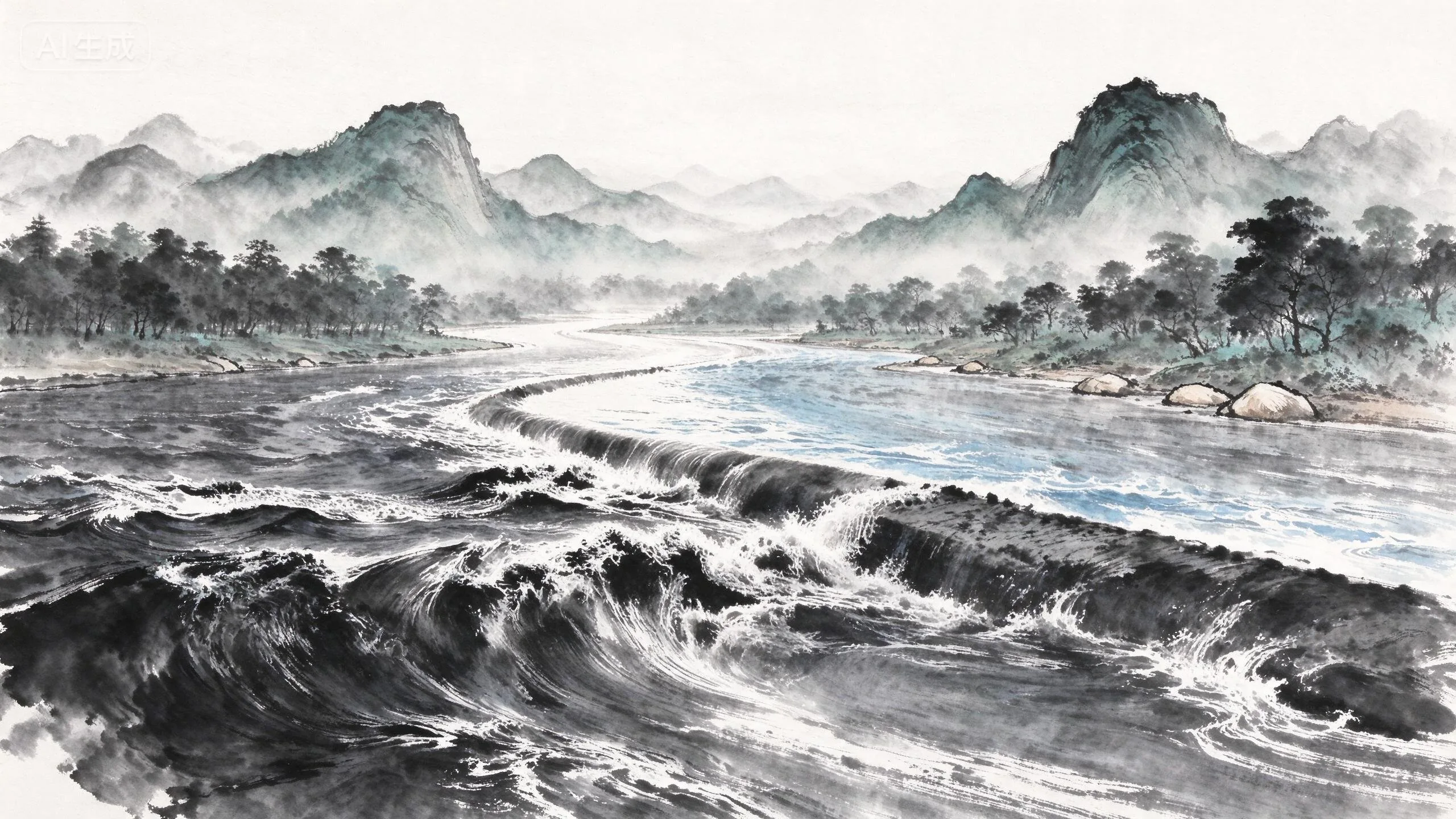 堰成之景——鱼嘴分水堤江流全景